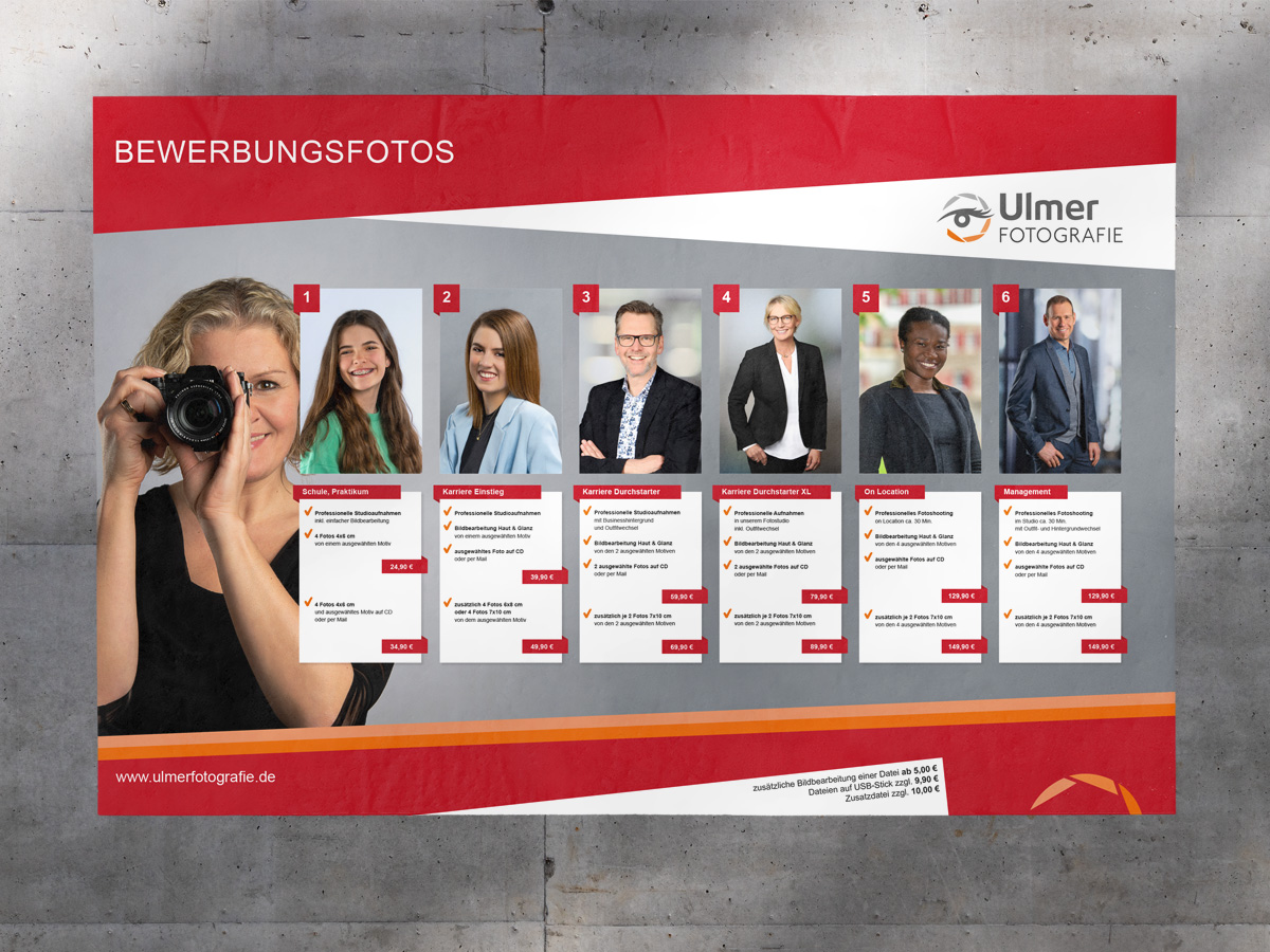 Plakat mit verschiedenen Bewerbungsfoto-Paketen von Ulmer Fotografie aus Schwäbisch Hall.