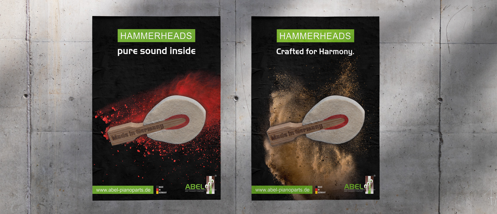 Poster für die Helmut Abel GmbH. Abgebildet sind Klavierhammerköpfe.