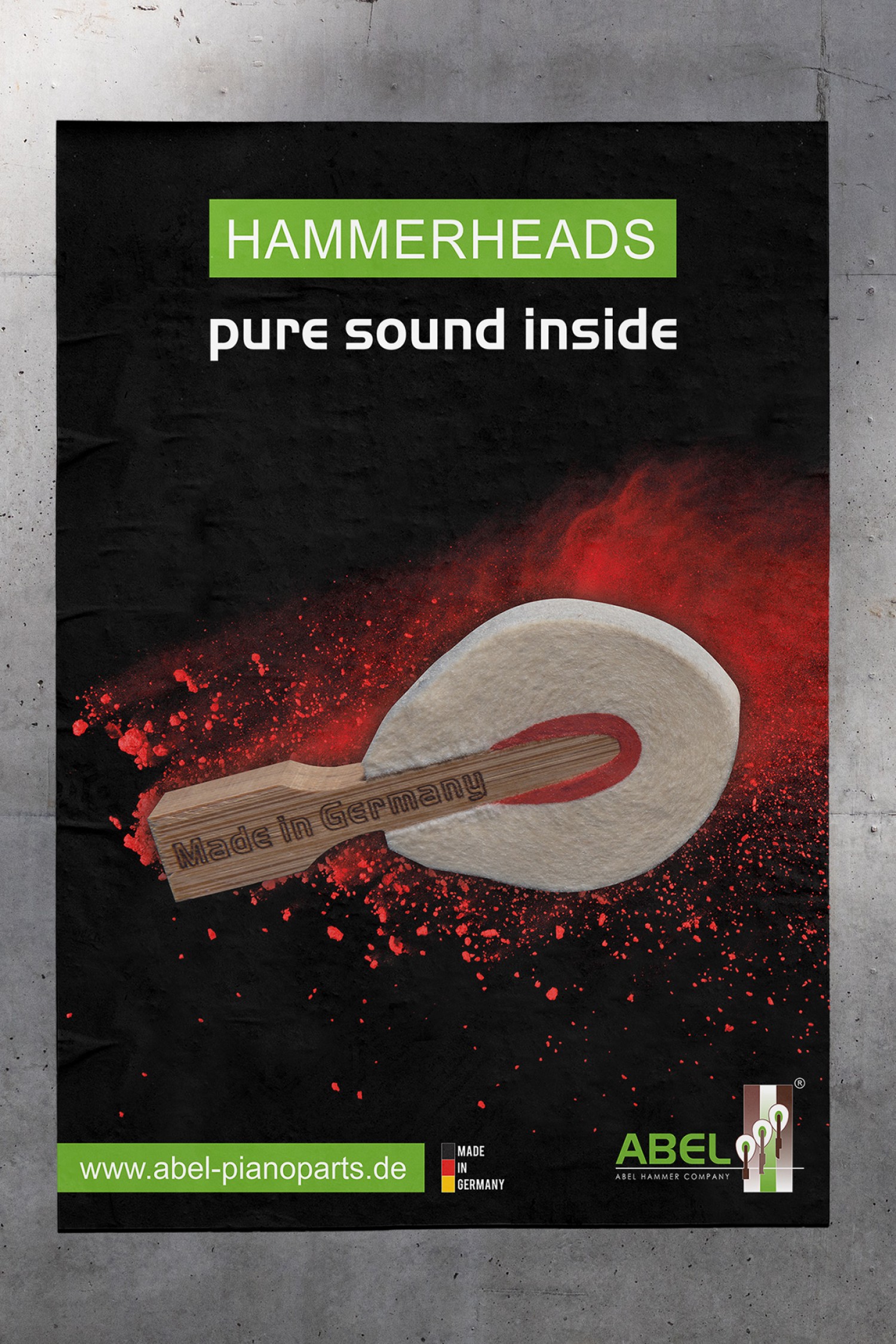Poster mit einem Klavierhammerkopf für die Helmut Abel GmbH
